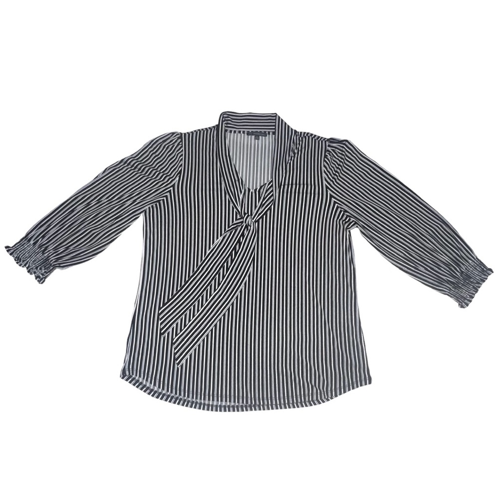 Adrianna Papell striped Psychedelic Pattern Blouse w tie neck and ruffle sleeves